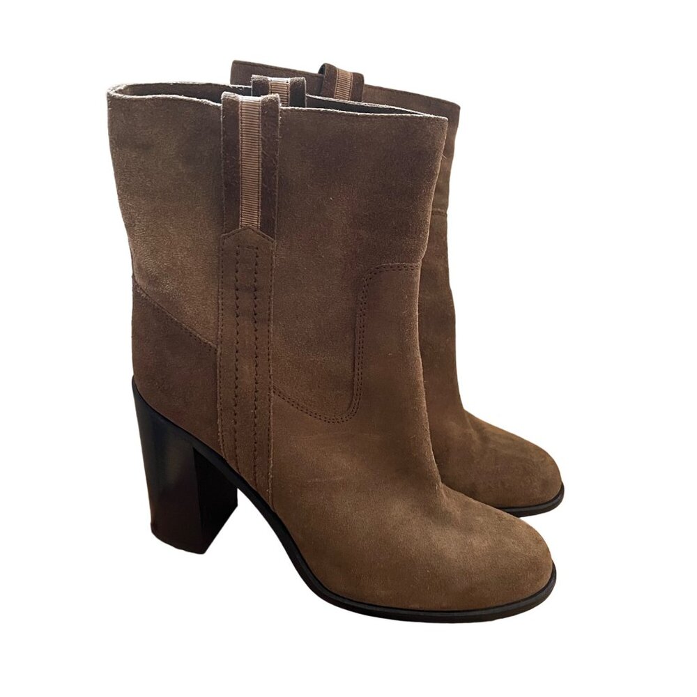 Kate Spade New York Size 9 Tobacco Brown Baise Suede Pull On Heeled Ankle Boots - Picture 2 of 16